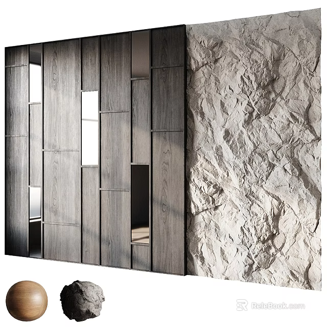 Modern Gray Wooden Decorative Cabinet With Mirror Panels And Stone Wall 3d model 