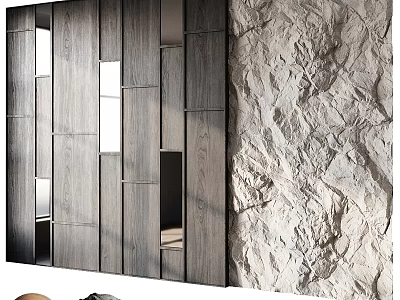 Modern Gray Wooden Decorative Cabinet With Mirror Panels And Stone Wall 3d model