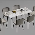 Modern Marble Top Dining Table Set With Six Grey Dining Chairs And Fruit Bowl 3d model
