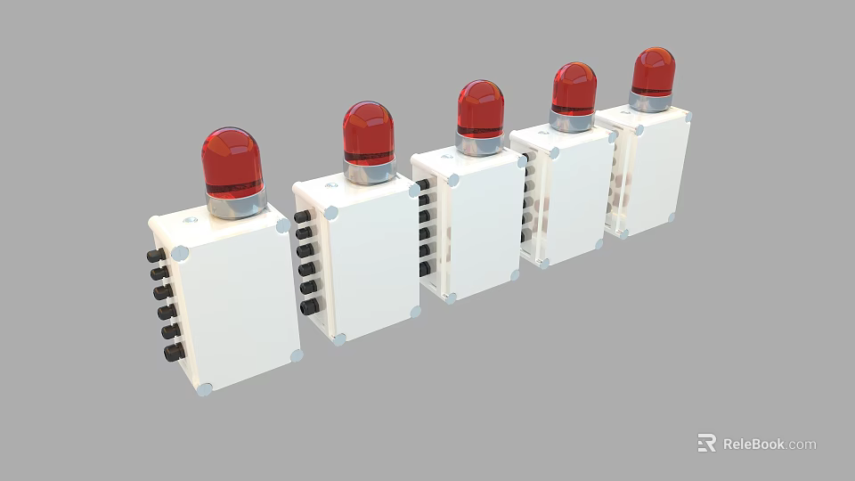 Industrial Warning Equipment With White Casing And Red Alert Lights In Row 3d model 