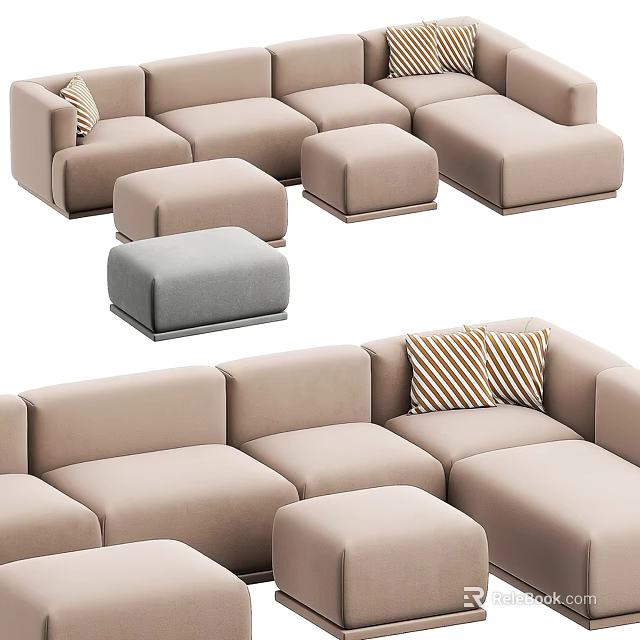 Beige L Shaped Sofa Set With Striped Cushions And Ottoman Stools 3d model
