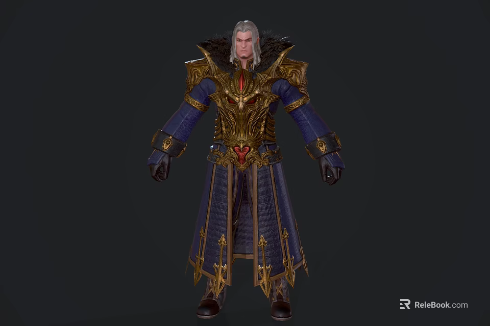 Game Movie Fantasy Character With White Long Hair Ornate Gold Blue Robe And Red Gemstone 3d model 