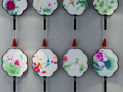 Decorative Fan Shaped Pendants With Floral Bird Patterns And Red Tassels For Wall 3d model