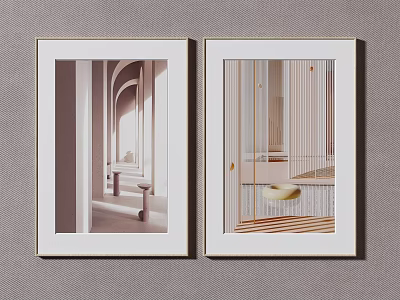 Elegant Framed Wall Art Paintings Featuring Archway Bench And Bed Scenes 3d model