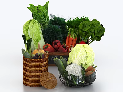 Fresh Assorted Vegetables in Wicker and Wire Baskets Including Cabbage Carrots and Cauliflower 3d model