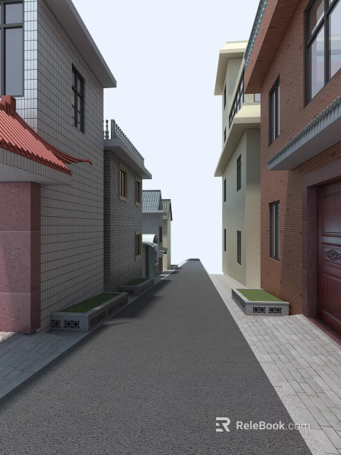 Narrow Urban Alley With Traditional Residential Buildings Brick Walls And Tiled Roofs 3d model 