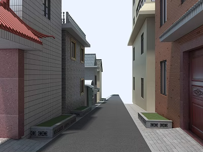 Narrow Urban Alley With Traditional Residential Buildings Brick Walls And Tiled Roofs 3d model
