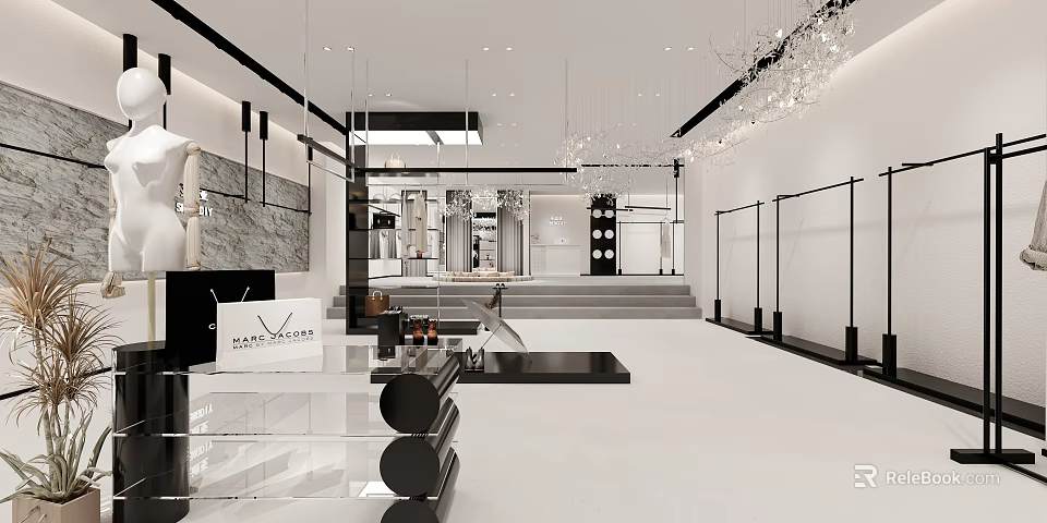 Modern Clothing Store Interior Design With Clothing Racks Glass Counter And Chandelier Lighting 3d model 