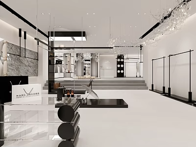 Modern Clothing Store Interior Design With Clothing Racks Glass Counter And Chandelier Lighting 3d model
