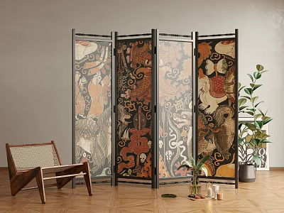 Antique Retro Screen Partition Solid Wood Folding Screen 3d model