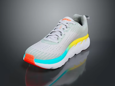 Stylish Gray Sports Sneakers With Mesh Upper And Wavy Orange Yellow Blue Accent Sole 3d model