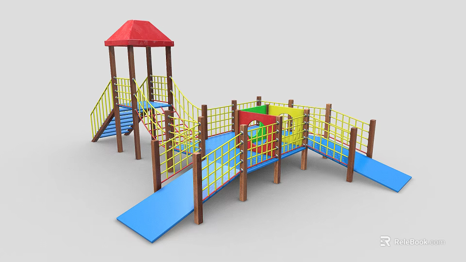 Colorful Outdoor Playground Equipment With Red Roof Slides Yellow Railings And Blue Platforms 3d model 