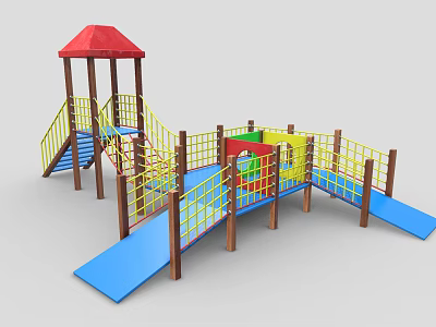 Colorful Outdoor Playground Equipment With Red Roof Slides Yellow Railings And Blue Platforms 3d model