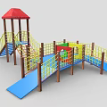 Colorful Outdoor Playground Equipment With Red Roof Slides Yellow Railings And Blue Platforms