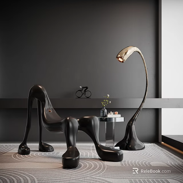 Leisure Chair with Unique Sculptural Design Curved Legs Dark Wall and Bicycle Decor Floor Lamp 3d model 