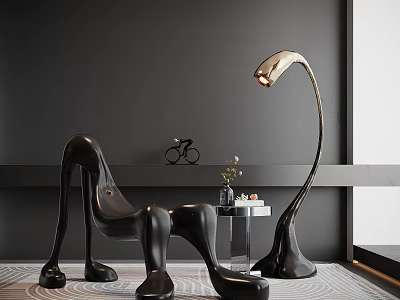 Leisure Chair with Unique Sculptural Design Curved Legs Dark Wall and Bicycle Decor Floor Lamp 3d model