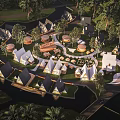 Lush Park Landscape Design With Cottages Winding Roads And Palm Trees