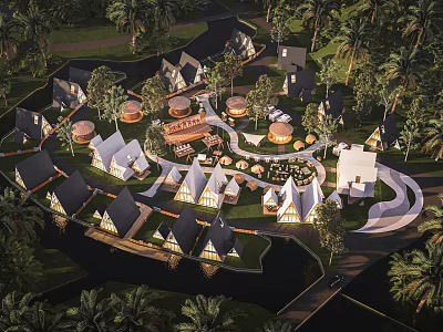 Lush Park Landscape Design With Cottages Winding Roads And Palm Trees 3d model