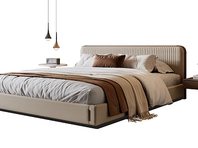 Modern Double Bed With Upholstered Headboard Cozy Bedding Pillows And Throw Blanket 3d model