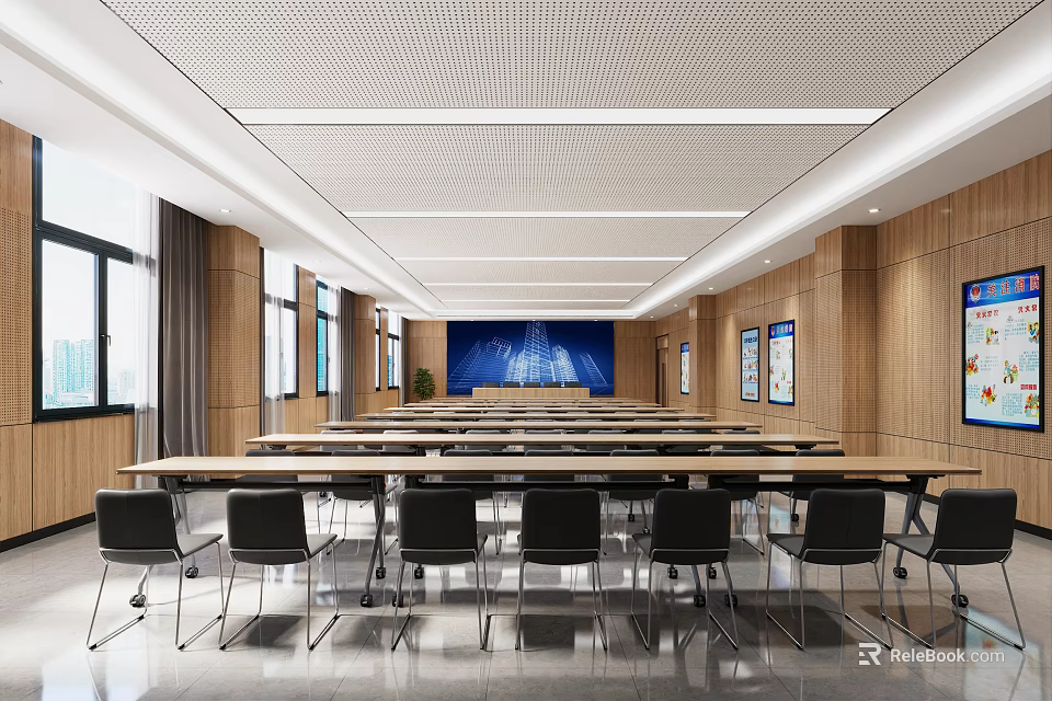 Modern Conference Room With Long Tables Black Chairs Large Screen Wooden Walls And Perforated Ceiling 3d model 