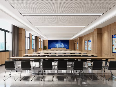 Modern Conference Room With Long Tables Black Chairs Large Screen Wooden Walls And Perforated Ceiling 3d model