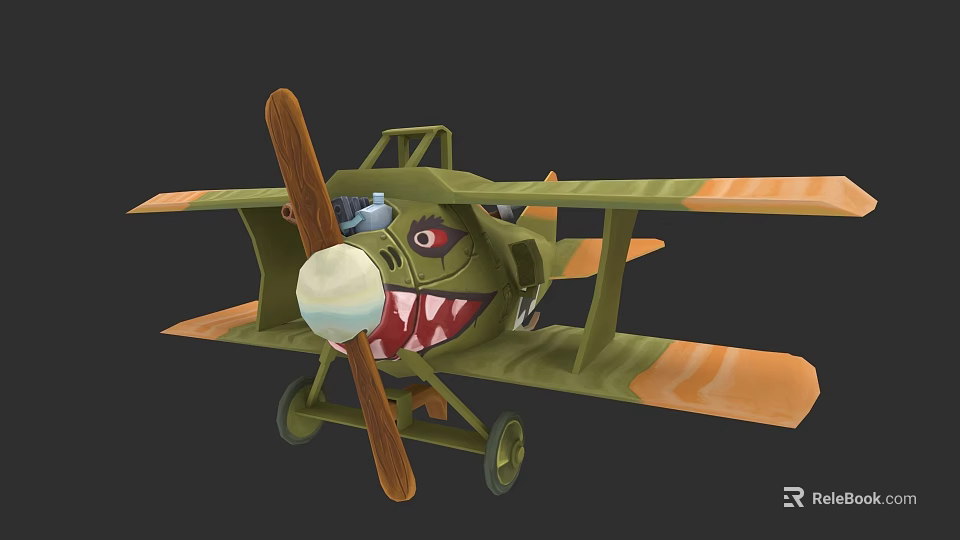 Vintage Biplane Fighter with Shark Mouth Paint Green and Orange Colors and Wooden Propeller 3d model 