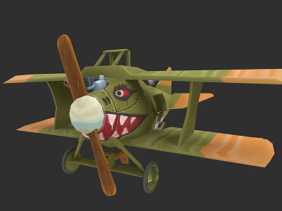 Vintage Biplane Fighter with Shark Mouth Paint Green and Orange Colors and Wooden Propeller 3d model