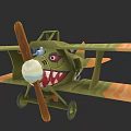 Vintage Biplane Fighter with Shark Mouth Paint Green and Orange Colors and Wooden Propeller