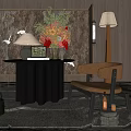 Elegant Black Round Console Table With Floral Arrangement Crane Patterned Backdrop And Table Lamp