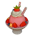 Pink Shaved Ice Dessert With Fresh Strawberry Whipped Cream And Striped Straws In White Bowl