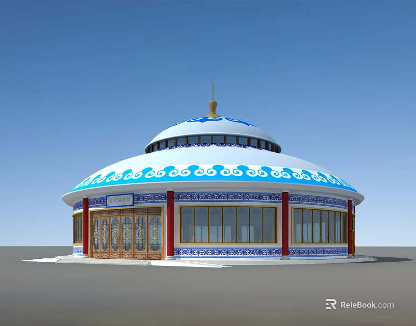 Traditional Mongolian Style Building with Blue White Cloud Patterns Red Pillars and Wooden Doors 3d model 