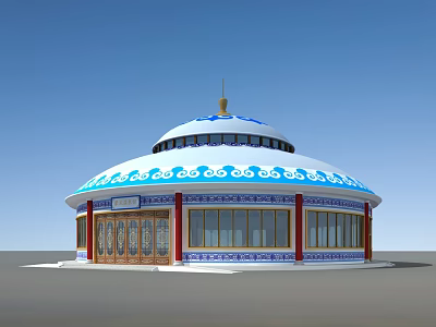 Traditional Mongolian Style Building with Blue White Cloud Patterns Red Pillars and Wooden Doors 3d model
