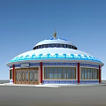 Traditional Mongolian Style Building with Blue White Cloud Patterns Red Pillars and Wooden Doors