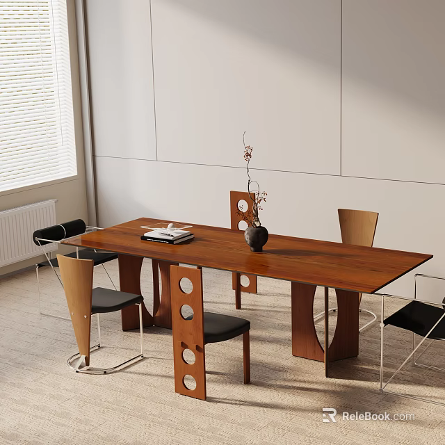 Modern Wooden Dining Table Set With Chairs Decorative Vase And Books On Tabletop 3d model 