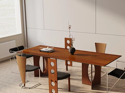 Modern Wooden Dining Table Set With Chairs Decorative Vase And Books On Tabletop 3d model