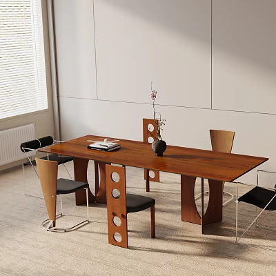 Modern Wooden Dining Table Set With Chairs Decorative Vase And Books On Tabletop 3d model