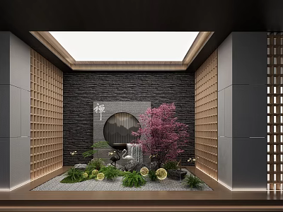 Zen Indoor Garden Corner With Stone Wall Circular Decoration Pink Flowering Tree And Green Plants 3d model