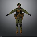 Military Soldier In Green Uniform With Yellow Gear Helmet And Protective Equipment