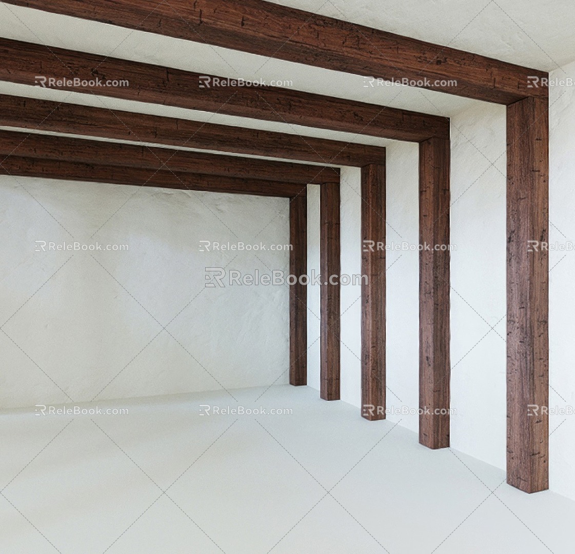 Old wooden beams and columns, wooden ceiling 3d model