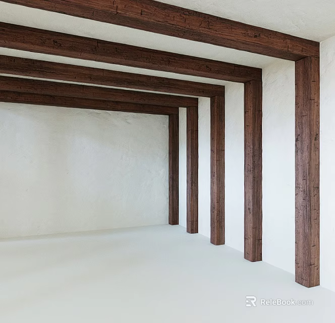 Wooden Columns In Modern Interior Space With White Walls And Architectural Design 3d model 
