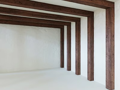Wooden Columns In Modern Interior Space With White Walls And Architectural Design 3d model