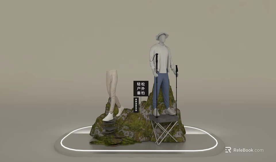 Outdoor Themed Window Display With Mannequins Hiking Gear And BE READY Sign 3d model 