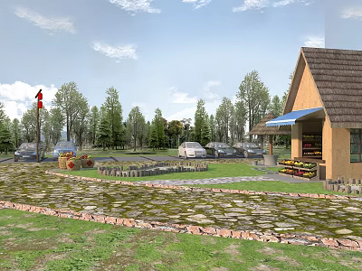 Garden Landscape with Rustic Cobblestone Ground Small Cottage Tents Trees and Green Grass 3d model