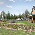 Garden Landscape with Rustic Cobblestone Ground Small Cottage Tents Trees and Green Grass
