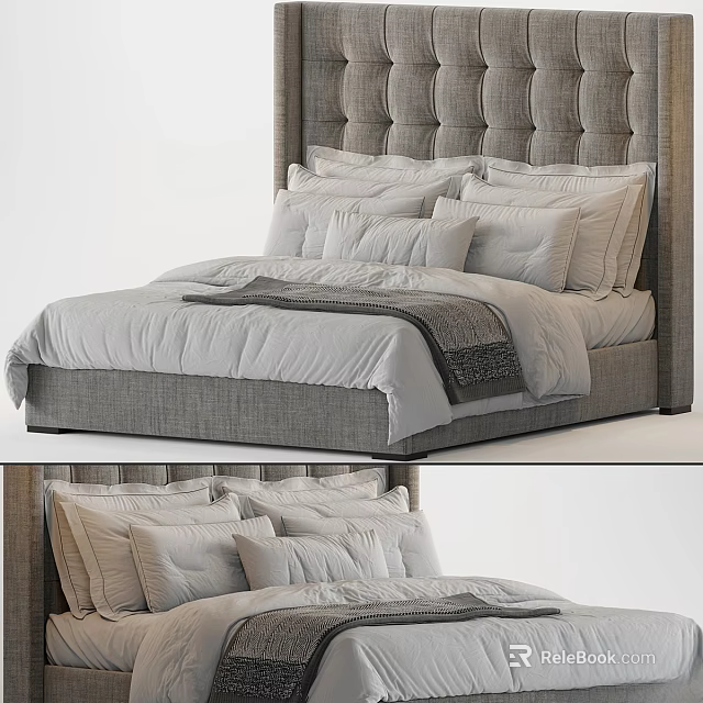 Modern Double Bed With Tufted Headboard Multiple Pillows And Gray Bedspread 3d model 