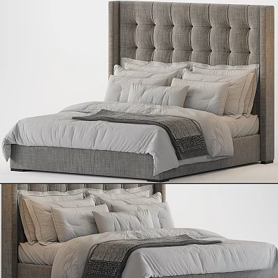 Modern Double Bed With Tufted Headboard Multiple Pillows And Gray Bedspread 3d model