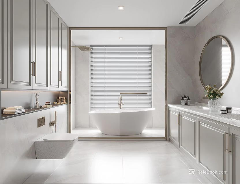 Modern Bathroom Interior With White Bathtub Round Mirror And Light Gray Cabinets 3d model 
