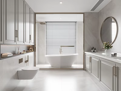 Modern Bathroom Interior With White Bathtub Round Mirror And Light Gray Cabinets 3d model