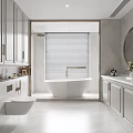 Modern Bathroom Interior With White Bathtub Round Mirror And Light Gray Cabinets