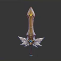 Fantasy Golden Sword With Wing Shaped Decorations And Gemstone Hilt